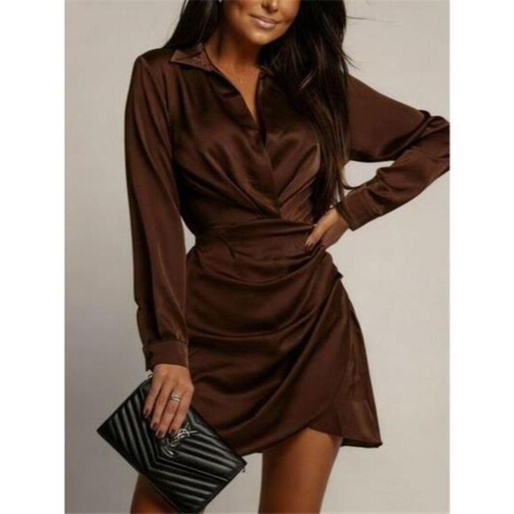 Collared Neck Long Sleeve Satin Dress - Picture 5 of 12